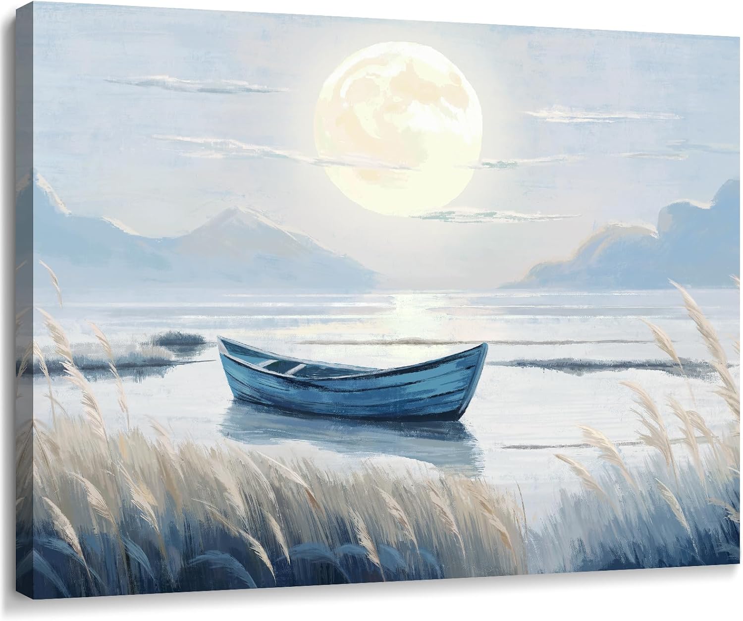 amatop-coastal-blue-beach-nautical-ocean-canvas-wall-art-16-x-12-horizontal-01 amatop 16x12 inch horizontal canvas art featuring a blue coastal scene with a moonlit lake, boat, and glowing moon.