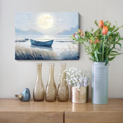 amatop 16x12 inch horizontal canvas art featuring a blue coastal scene with a moonlit lake, boat, and glowing moon.