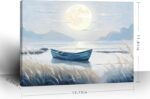 amatop 16x12 inch horizontal canvas art featuring a blue coastal scene with a moonlit lake, boat, and glowing moon.