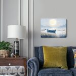 amatop 16x12 inch horizontal canvas art featuring a blue coastal scene with a moonlit lake, boat, and glowing moon.
