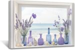 AWPANERAR framed wall art depicting a rustic window view of purple lavender in a vase with a blue ocean background.