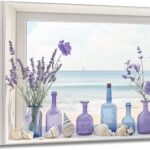 AWPANERAR framed wall art depicting a rustic window view of purple lavender in a vase with a blue ocean background.