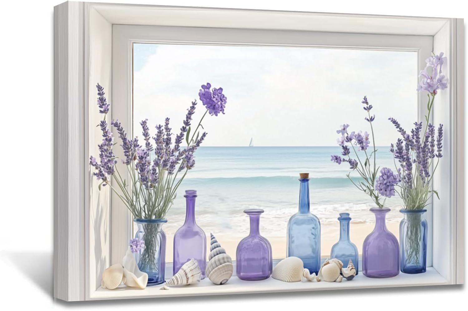 awpanerar-framed-beach-window-wall-art-purple-lavender-ocean-print-12-x-18-01 AWPANERAR framed wall art depicting a rustic window view of purple lavender in a vase with a blue ocean background.