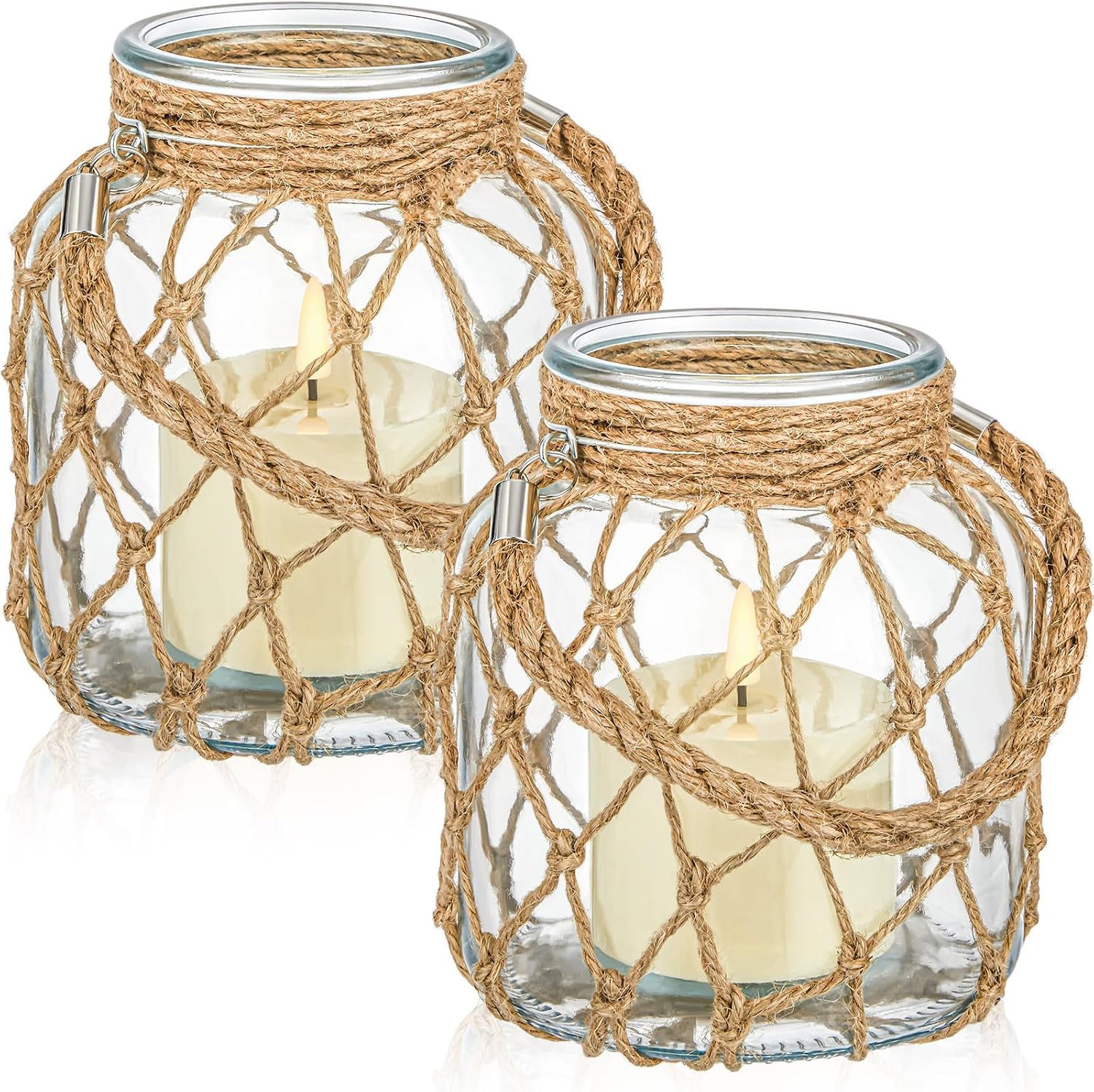 blushtier-2-pack-nautical-lanterns-with-rope-handles-clear-led-flameless-01 Two clear glass nautical lanterns with jute rope handles and flickering LED candles inside, on a tabletop.