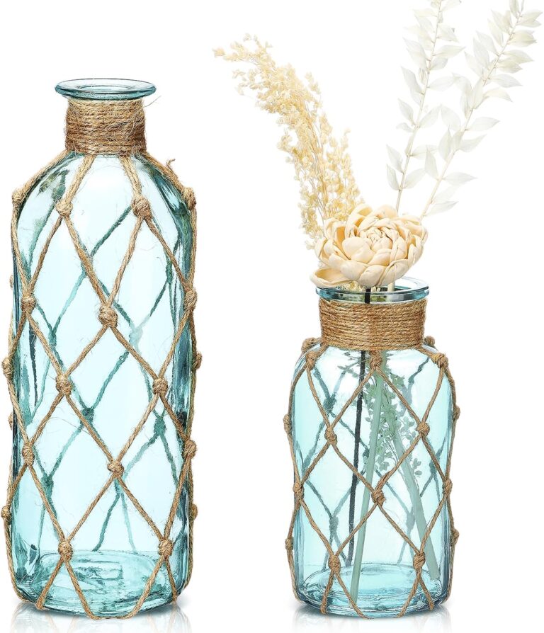 Chuangdi Light Blue Coastal Glass Vase Set with Boho Rope - 2 Pack