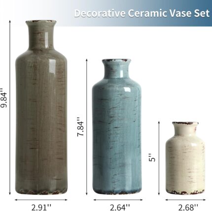 Set of three CUCUMI ceramic vases in distressed morandi colors, displayed on a shelf, showcasing rustic and coastal style.