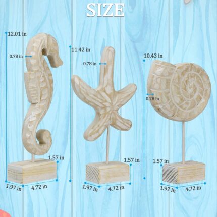 Set of three white hand-carved wooden coastal figurines: a starfish, a conch shell, and a seahorse, displayed on a tabletop.