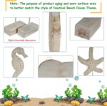 Set of three white hand-carved wooden coastal figurines: a starfish, a conch shell, and a seahorse, displayed on a tabletop.