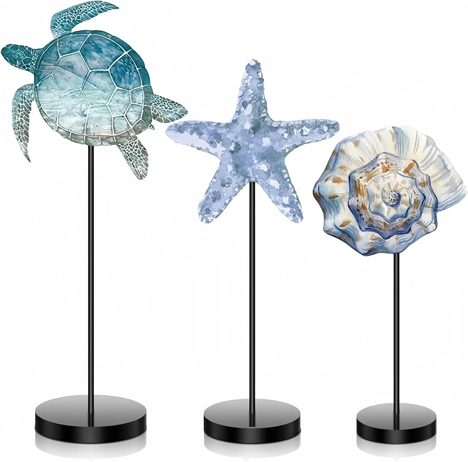 maitys-3-piece-ocean-theme-wooden-tabletop-signs-for-summer-decor-01 Three wooden tabletop signs in blue featuring a starfish, sea turtle, and shell, standing on individual bases.