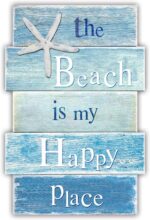 MODE HOME wooden wall plaque with a blue distressed finish, featuring a white starfish and the text "The Beach is My Happy Pl