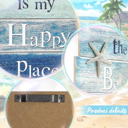 MODE HOME wooden wall plaque with a blue distressed finish, featuring a white starfish and the text "The Beach is My Happy Pl