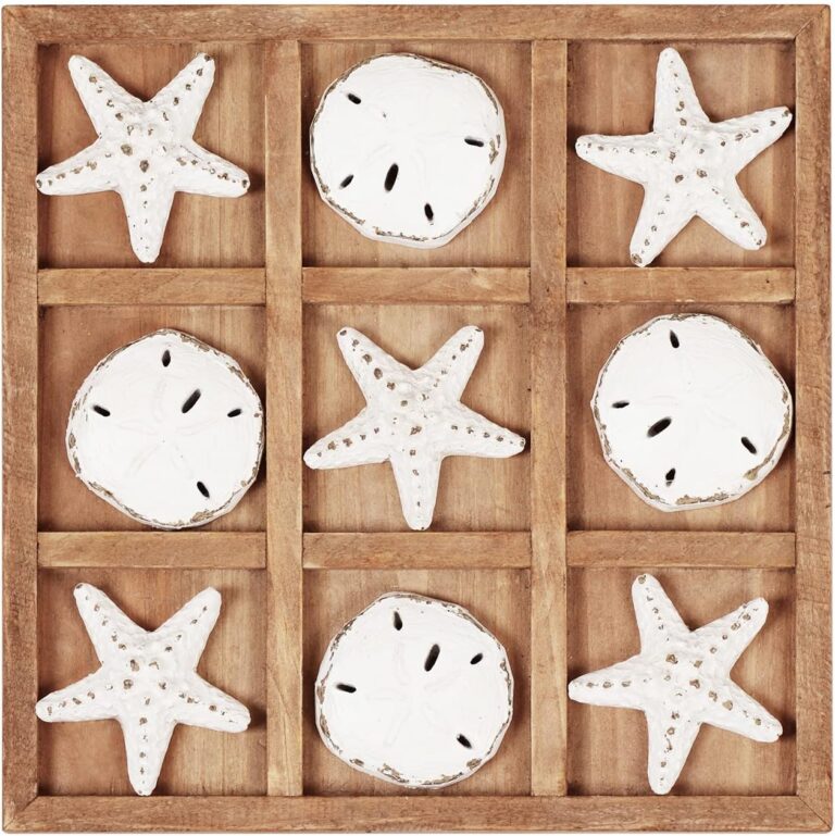 NIKKY HOME Beach Tic Tac Toe Game, Distressed White Wood Board, 8.98 x 8.98-in