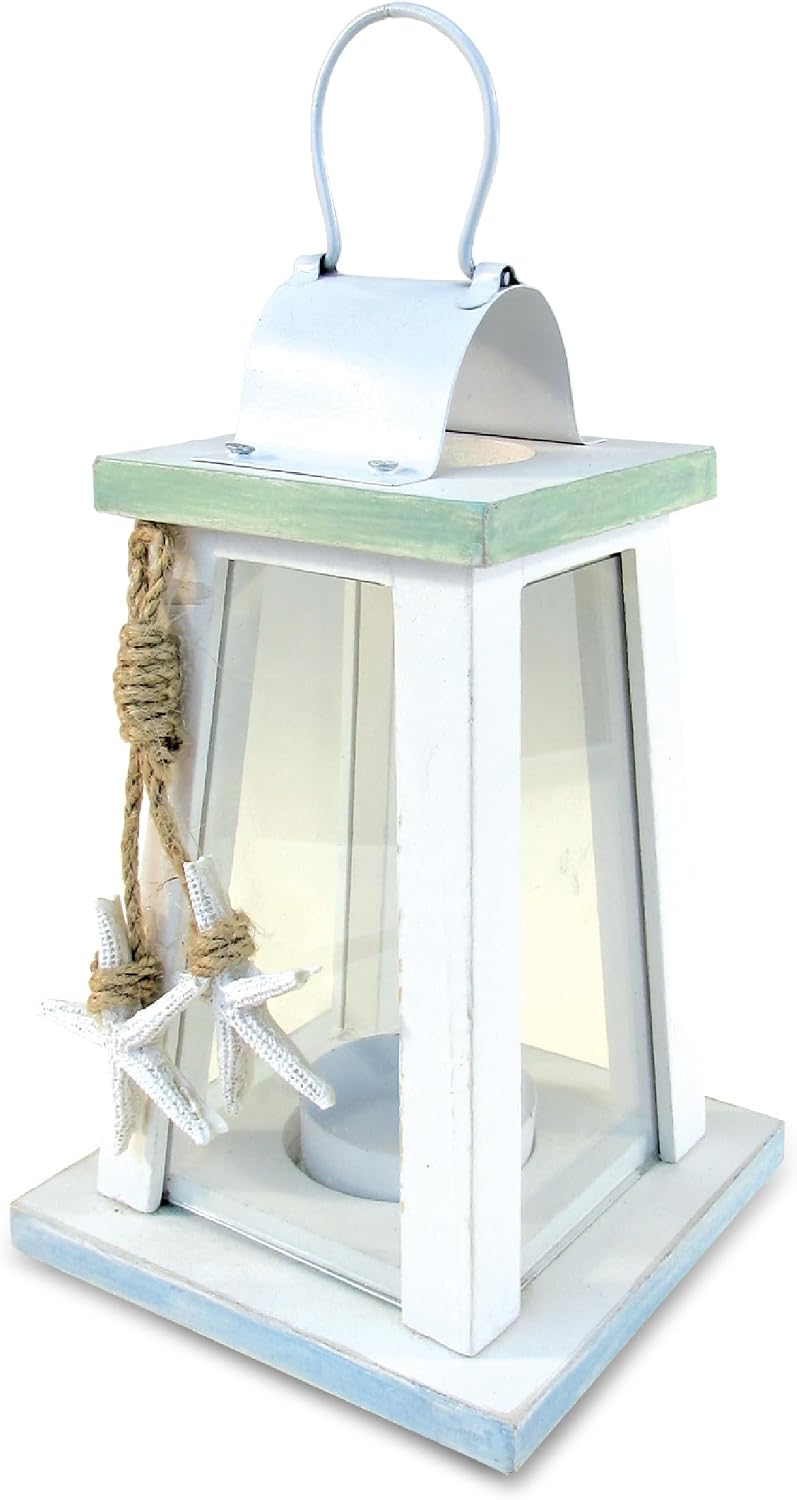 puzzled-ocean-breeze-nautical-wooden-lantern-candle-holder-1-piece-01 A white and blue wooden lantern candle holder with nautical ropes and a starfish, sitting on a surface.