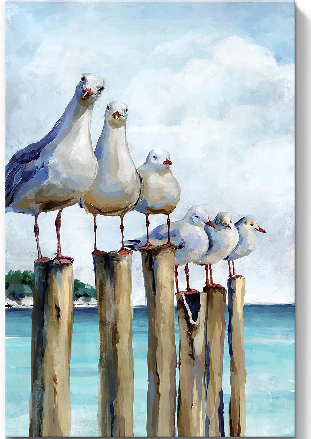 sumgar-funny-seagull-coastal-canvas-wall-art-blue-16x24-inch-01 SUMGAR vertical coastal wall art with six curious seagulls on dock pilings, blue ocean background, 16x24 inches.