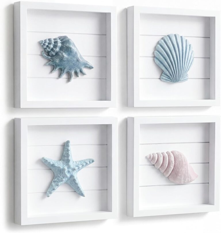 Tide and Tales 3D Coastal Wall Art, 4-Piece Framed Seashell Set, 7" x 7"