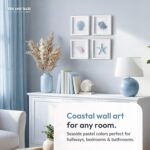 A set of four 7x7 inch framed 3D coastal wall art pieces featuring hand-painted seashells, conch shells, and starfish in past