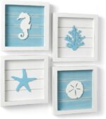 Set of four 3D coastal wall decor pieces, each 7x7 inches, with rustic wooden frames and marine life designs.