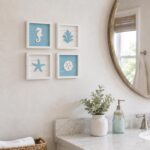 Set of four 3D coastal wall decor pieces, each 7x7 inches, with rustic wooden frames and marine life designs.
